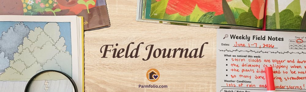 Parmfolio Field Journal Banner with books and Field Notes page